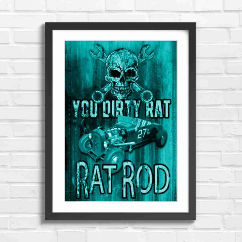 Vintage rat rod skull art - art, teal